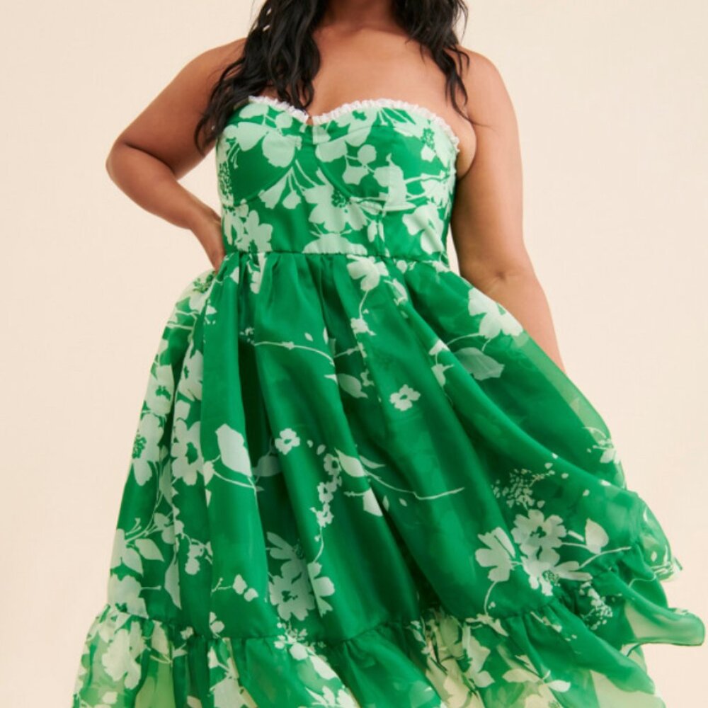 Anthropologie Selkie Floral Corset Dress Puff Hem Green Tea Party (Size XL) - Picture 3 of 7